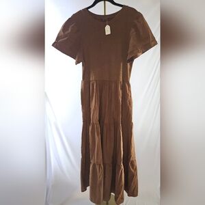 BTFBM Brown Tiered Puff Sleeve Midi Dress